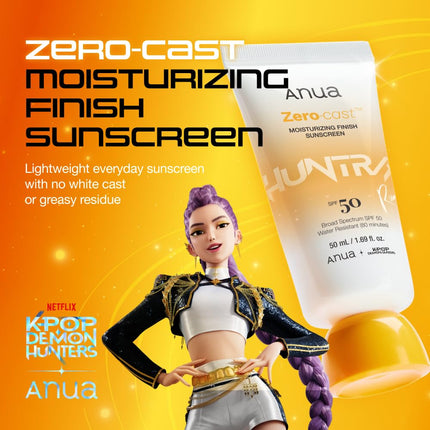Anua, Zero-Cast Moisturizing Sunscreen SPF 50, Glow Natural Sunscreen for face, No White Cast, Hyaluronic Acid, Niacinamide, Oil-Free, KPop Demon Hunters, Korean Skincare, 1.69 fl oz