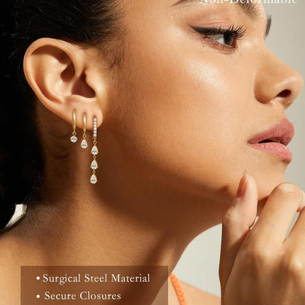 Surgical Steel Small 14K Gold Plated Huggie Hoop Earrings Set,Hypoallergenic Lightweight Waterproof & Non Tarnish, Drop Dangle with CZ for Women-Multiple Piercings