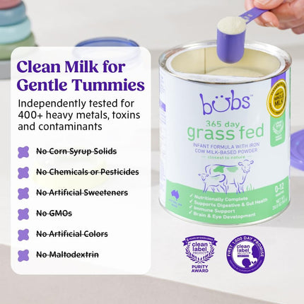 Bubs 365 Day Grass Fed Infant Formula with Iron, Cow Milk-Based Powder for Infants 0-12 Months, Made with Non-GMO Milk, 20 oz