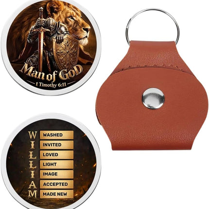 Man Of God Personalized Pocket Hug with Name in Bible Verse, Custom Christian Inspirational Coin Token with Leather Holder Keychain, Fathers Day Religious Faith Affirmation Gift for Dad, Husband (1)