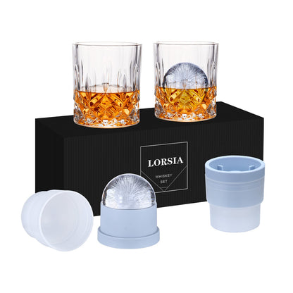 Vaso para whiskey rocks, set de 4 (2 vasos de cristal para bourbon, 2 moldes redondos para esferas de hielo grandes) en caja de regalo, vasos old fashioned de 10 Oz para scotch, cóctel, ron, coñac y vodka, regalos para hombre