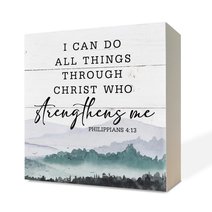 Christian Wood Signs, Bible Verse Philippians 4:13 - I Can Do All Things Through Christ Who Strengthens Me, Box Sign Decor Tabletop, Inspirational Home Desk Decor, Motivational Gift for Friends Family