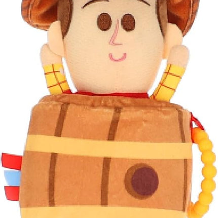 Disney Toy Story Woody in a Barrel Activity Toy with Pull Down Mechanism, Teether, Rattle, Crinkle Snake, and On the Go Clip for Babies