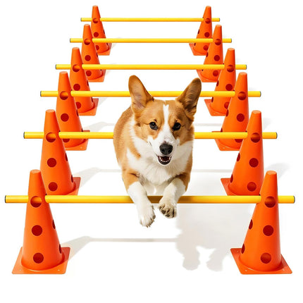 Dog Agility Course Backyard Set, Dog Agility Hurdle Cone Set with Height Adjustable Crossbar for Rehabilitation & Beginners, Dog Agility Equipment for Dog Obstacle Course - 12 Inch