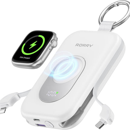 RORRY Portable Charger, 20000mAh PD 30W Portable Charger Power Bank with 2 Built-in Cables, Super Fast Charging Battery Pack with Keychain, Travel Essentials for iPhone, Apple Watch, iPad, White