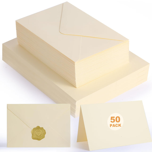 50 PACK Cream Blank Cards and Envelopes 4x6 Inch, Note Greeting Cards, Folded Ivory Cardstock and Envelopes Self Seal