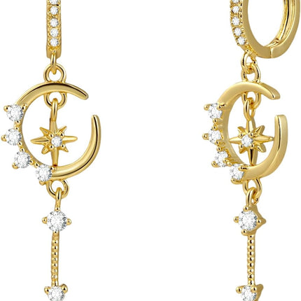 Star and Moon Earrings Dangle Hoop Earrings for Women Huggie with Cubic Zirconia Celestial Space Style