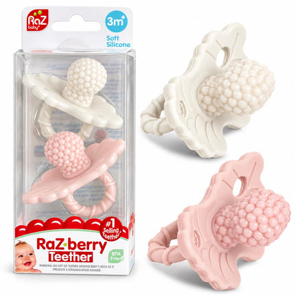 Silicone Teether Pacifier – Teething Relief for Infants, Food-Grade, BPA-Free, Hands-Free, Natural Berrybumps Fruit Texture for Sensory Development, Freezable, 2-Pack - Red & Blue