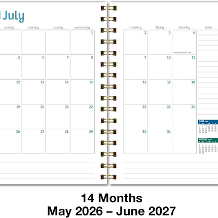 HARDCOVER Academic Year 2026-2027 Planner: 14 Months (May 2026 Through June 2027) 5.5"x 8" Daily Weekly Monthly Planner Yearly Agenda. Bookmark, Pocket Folder and Sticky Note Set (Teal Gold Marble)