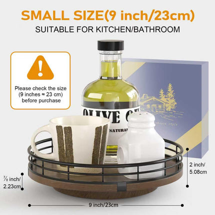 9-Inch Farmhouse Oak Wood Lazy Susan Organizer for Table Top, Walnut