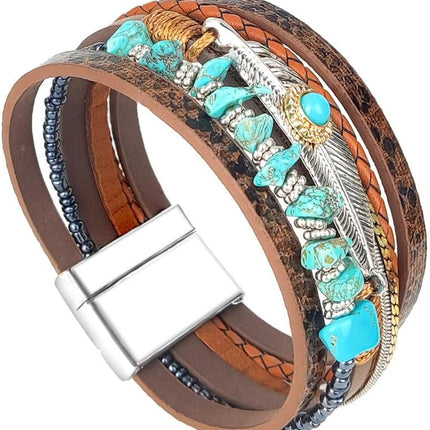 Turquoise Bracelet for Women, Boho Western Bracelet for Turquoise Jewelry, Leather Wrap Multi-Layer Turquoise Bracelet Bangle Jewelry