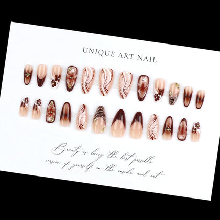 24Pcs Brown French Tip Press on Nails - Medium Almond Fake Nails with 3D Rhinestones Pearls Design Brown Lily Flower False Nails Nude Glossy Full Cover Chrome Gold Artificial Glue on Nails for Women