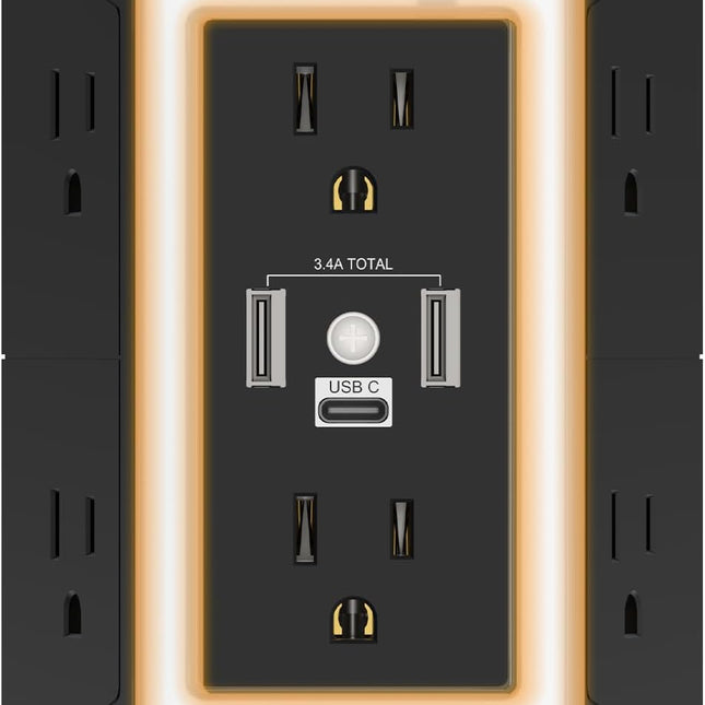 Outlet Extender Power Strip, 6 AC Surge Protector Outlets with 3 USB Ports (1 USB C) and Night Light, 3-Sided Multi