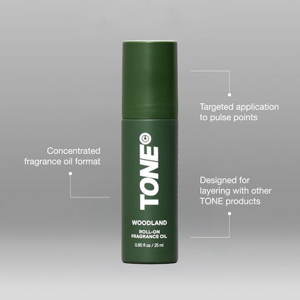 TONE Roll-on Fragrance Oil for Men, Woodland, Fragrance Oil with Notes of Vanilla, Cedar, and Cypress, 0.85 fl oz