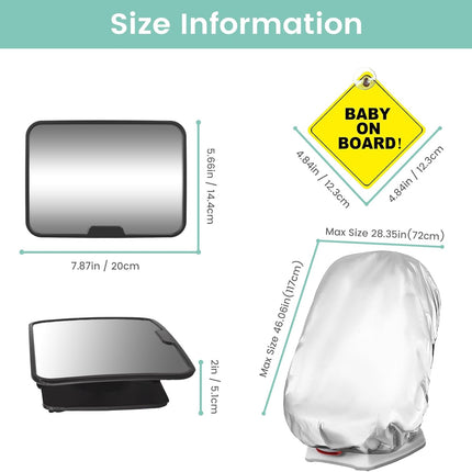Baby Car Mirror Set | 360° Rotating Large HD Shatterproof Safety Mirror for Rear Facing Infants & Toddlers | Includes Baby on Board Sticker Sign & Car Seat Sunshade | Baby Car Essentials