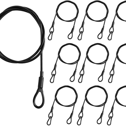 10-Pack Safety Security Cables for DJ Stage Lighting, 2ft Stainless Steel Cable with 1/8" Diameter, Black Ropes with Loops and Carabiner for Safe Attachment