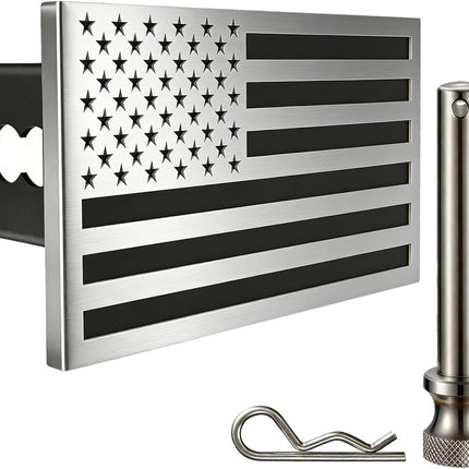 Synrroe Heavy Duty American Flag Hitch Cover for 2" Receivers - Brushed Stainless Steel Flag & Aluminum Base - Mechanically Fastened (Won't Rust or Peel) - with 5/8" Stainless Pin (Stainless Steel)
