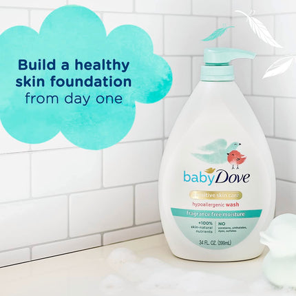 Baby Dove Sensitive Skin Care Baby Wash Fragrance Free Moisture For Baby Bath Time Fragrance Free and Hypoallergenic, Washes Away Bacteria 34 oz (Pack of 1)