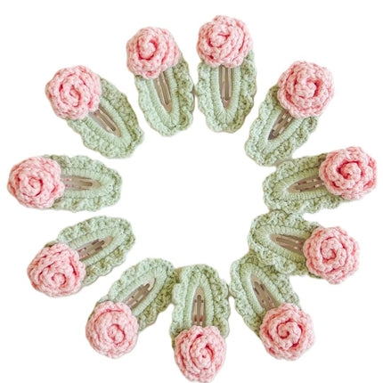 Handmade Crochet Rose Hair Clips for Girls, Pink and Green Floral Snap Clips Set, Yarn Amigurumi Flower Hair Accessories