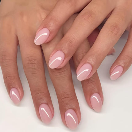 Light Pink Press On Nails Short Almond Fake Nails Solid Color Glossy Full Cover Stick On Nail for Women Manicure 32Pcs