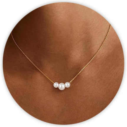SmileBelle Pearl Necklaces, Daisy Pearls Choker for Women's Pearl Strand Necklaces as Silver and Gold Choker for Teens, Silver Daisy Birthday Gifts 3 Pearls White Necklace as Prom Bridesmaid gifts