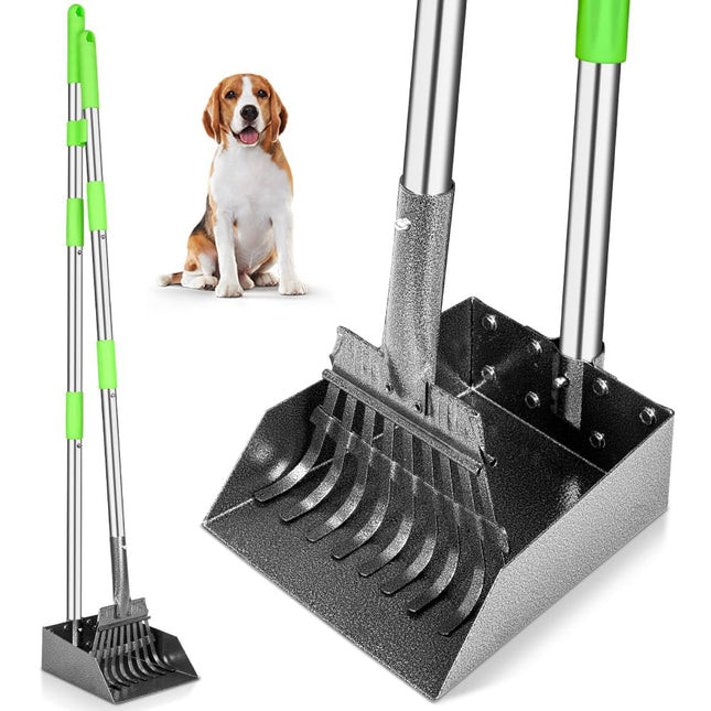 Recogedor para heces de perro con mango largo, bandeja de metal inoxidable y rastrillo para perros medianos y pequeños, suministros resistentes para usar en césped, tierra o grava