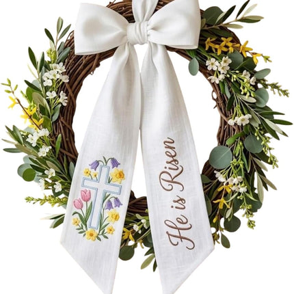 Custom Embroidered Christian Cross Flowers Wreath Sash, He Is Risen Easter Home Decor, Christ Sash Basket Bow, Easter Wreath Ribbon, Personalized Easter Basket Ribbon with Embroidered Name