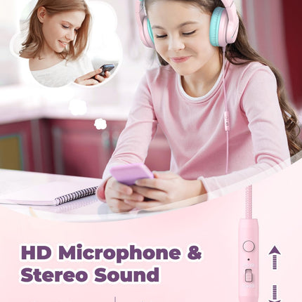 iClever HS19 Kids Headphones with Microphone for School, Safe Volume Limited, Over-Ear Girls Boys Headphones for Kids with Shareport, Foldable Wired for iPad/Travel (Pink)