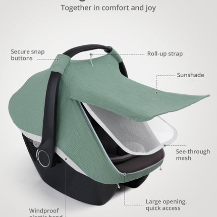 Blissful Diary Baby Car Seat Cover, Extra Large Mesh Window, Breathable Muslin Cotton, Infant Windproof Canopy, Must-Have Baby Gift - Roman Green