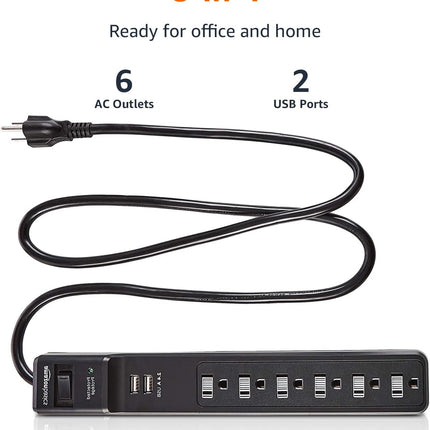 Amazon Basics Surge Protector Power Strip with 6 Outlets, 2 USB Ports, 1000 Joule, 6-Foot Cord Length, Black