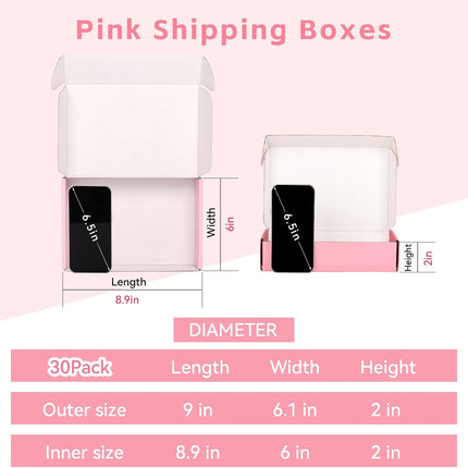 30 Pack 9x6x2 Pink Shipping Boxes for Packaging Small Business, Corrugated Cardboard Boxes for Shipping Packing Mailing