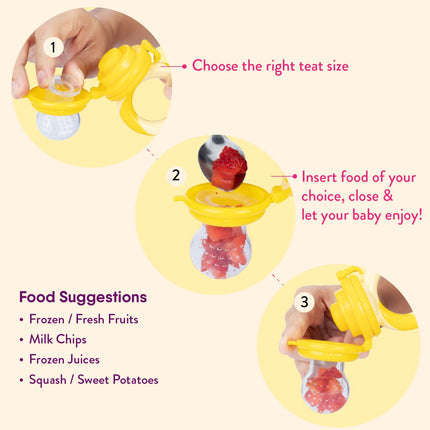 Baby Food Feeder/Fruit Feeder Pacifier Nibbler (2 Pack) - Infant Teething Toy Teether Weaning in Appetizing Colors | + Additional Silicone Sacs