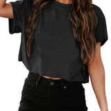 Women Short Sleeve Cropped T-Shirts Crew Neck Top Summer Basic Tee