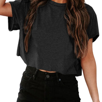 Camisetas cortas de manga corta para mujer, cuello redondo, top básico de verano