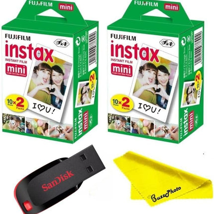 Fujifilm Instax Mini Instant Camera Film with Sandisk 32 GB USB Flash Drive + 2 x Mini Twin Packs (40 Sheets) and Buzz-Photo Microfiber Cleaning Cloth
