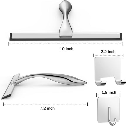 All-Purpose Stainless Steel Shower Squeegee for Shower Glass Door with 2 Adhesive Hooks, Bathroom Cleaner Tool Household Window Mirror Squeegee , Cleaning Tile Wall, Car, 10 Inch Silver