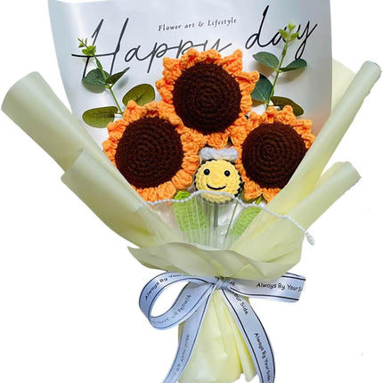 Completed Bee Crochet Flowers Bouquet, Handmade Knitted Bouquet, Crochet Artificial Flowers for Mother's Day Birthday, Wedding Home Decor, Gifts for Mom (Sunflower & Bee)