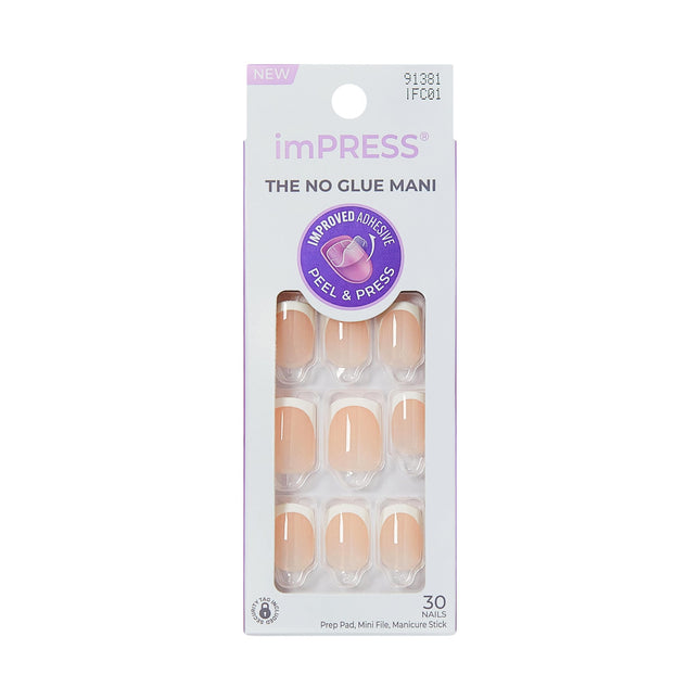 Kiss No Glue Mani Press On Nails, Model, Classic French Manicure Kit, 30 Light Neutral + White Tip, Short Squoval, With