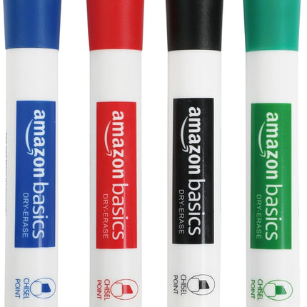Low-Odor Dry Erase Whiteboard Markers, Chisel Tip, Quick-Dry, Black, Red, Green, Blue, 4-Pack