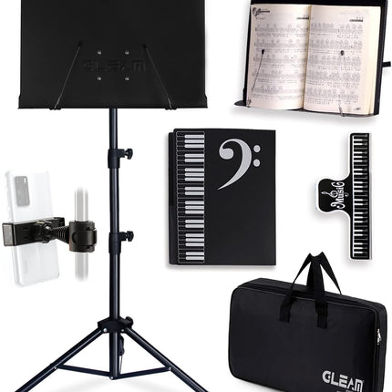 GLEAM Sheet Music Stand - Full Metal with Carrying Bag, Phone Holder, Sheet Music Folder and Clip, 5 in 1 Desktop Book Stand - Black