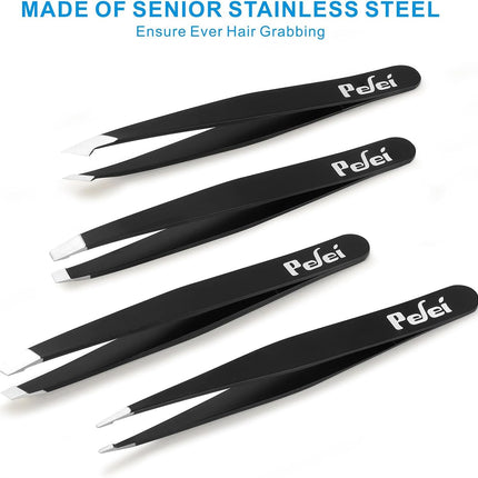 Pefei Tweezers Set - Professional Stainless Steel Tweezers for Eyebrows - Great Precision for Facial Hair, Splinter and Ingrown Hair Removal (Black)