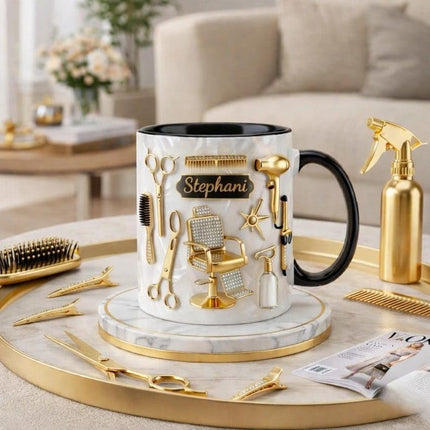 Personalized Hair Stylist Mug, Custom Name Beauty Tools 3D Inflated Effect Ceramic Mug, Gift for Hairdresser Women Men Elegant Salon Cup, Proud Hairstylist Birthday Christmas Appreciation Gift Ideas 3