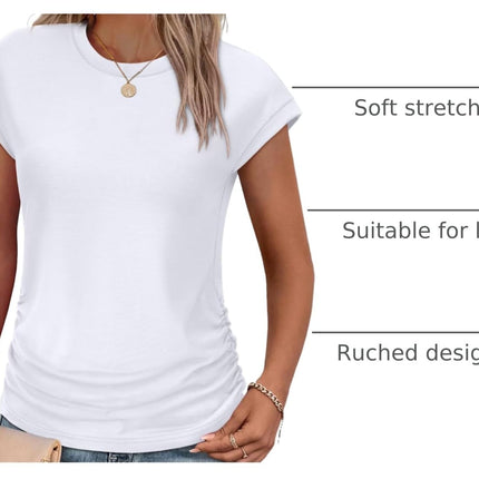 Womens Summer Tops Trendy 2026 Ruched Cap Short Sleeve Tshirts Shirts Crew Neck T Shirts Fashion