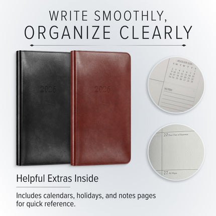 Gallery Leather Pocket Weekly Monthly Planner 2025-2026, Elegantly Bound Calendar Planner and Notebook with Stylish Gold-Gilded Page Edges, 12 Months - Acadia Tan - 6 x 3.25 "