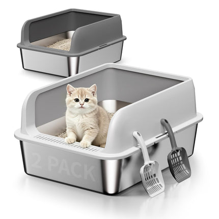 2 Pack Stainless Steel Cat Litter Box, High Sides Litter Pan, XS