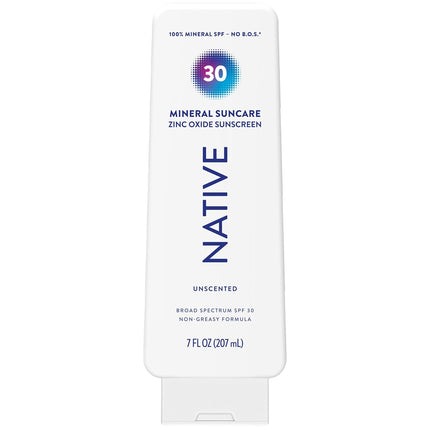 Native Mineral Sunscreen Lotion SPF 30, Unscented, with 100% Mineral Zinc Oxide for Face & Body, Hawaii Compliant, Vegan, No White Cast - 7 oz