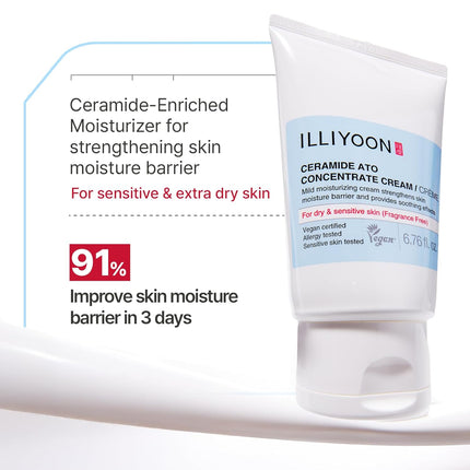 Illiyoon Ceramide Ato Concentrate Cream | Moisturizer for Dry & Sensitive Skin, 100hr Lasting Hydration, For Face & Body, Gentle for Infants, Moisture Barrier Repair, Vegan Certified, 6.76 fl.oz.
