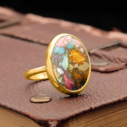 Natural Amazonite Crystal Ring 24K Gold Vermeil 925 Sterling Silver Oval Solitaire Gemstone Dainty Perseverance Crystal Virgo Wealth Statement Ring Handmade Turkish Fine Jewelry