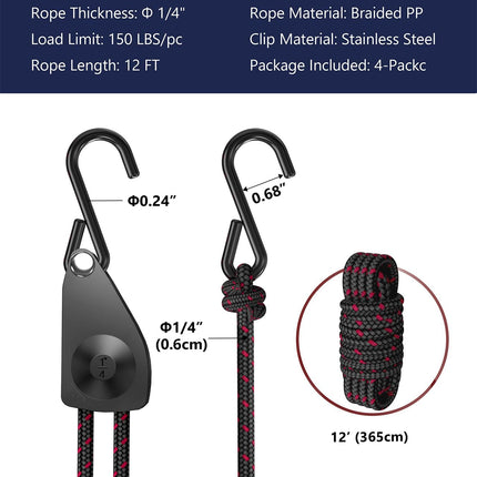 Ratchet Tie Down Straps, 1/4" Adjustable Rope Hangers 4 Pack, 12FT Tie-Down