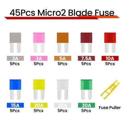 45Pcs Micro2 Car Fuse Kit, Automotive Fuses Assortment kit(2A/3A/5A/7.5A/10A/15A/20A/25A/30A), Blade Fuse for Car/RV/Truck/Boat/Marine